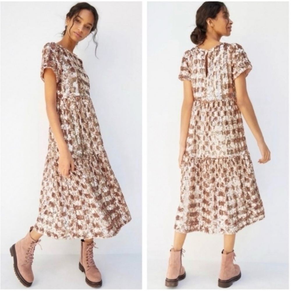 ANTHROPOLOGIE MAEVE Petite Bernadette Rose Gold Sequin Tiered Midi Dress— SZ. SP